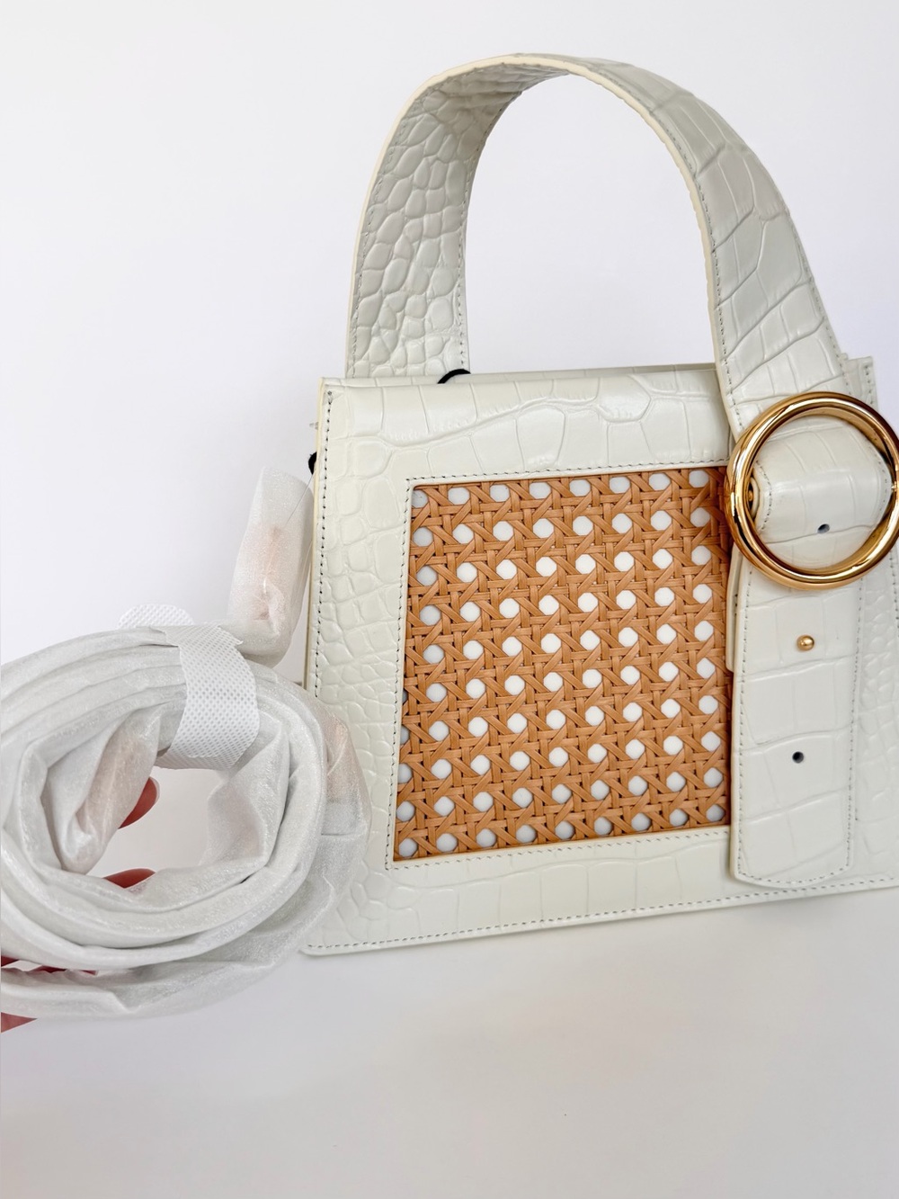 NWT Parisa Wang Bamboo Enchanted Top Handle Bag Cream w/ crossbody strap - Picture 2 of 11